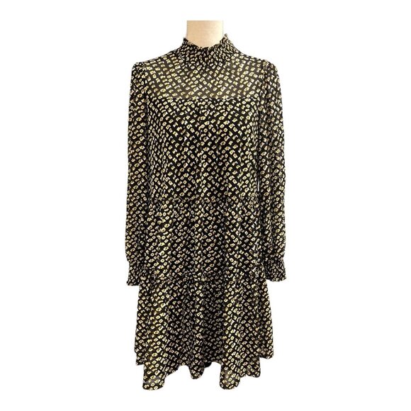 Ember Dress Womens M Black Chiffon Metallic Tiered Smocked Mini High Neck Event - Picture 1 of 8